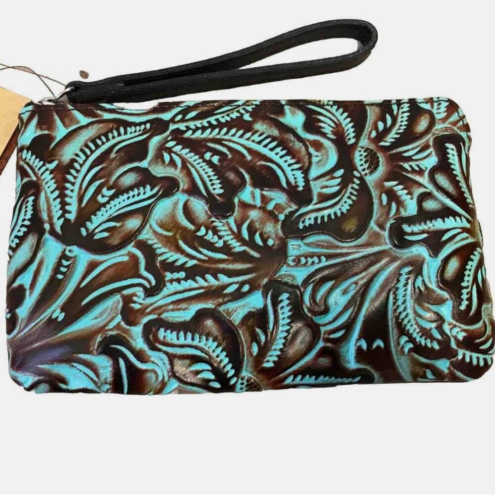 Patricia Nash Capri Tooled Turquoise Floral Leather Wristlet
